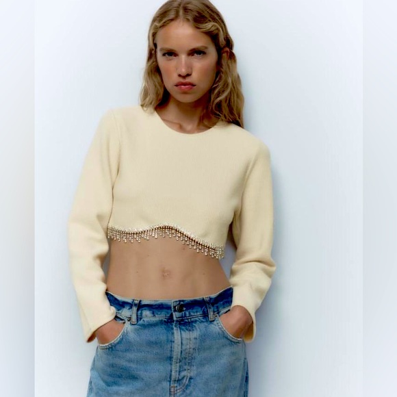 Zara Tops - Zara Beige Cropped Top with Embellished Hem